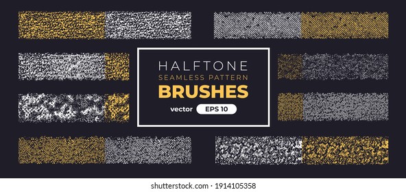 Halftone grain pattern brushes. Grunge noise texture set. Vector illustration eps10. Creative artistic brush collection. Basic kit. Ink paint strokes.