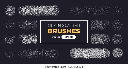 Halftone grain scatter brushes set. Noise vanishing. Grunge texture. Vector illustration eps10. Spray dots. Creative artistic brush collection. Basic kit. Ink paint strokes.