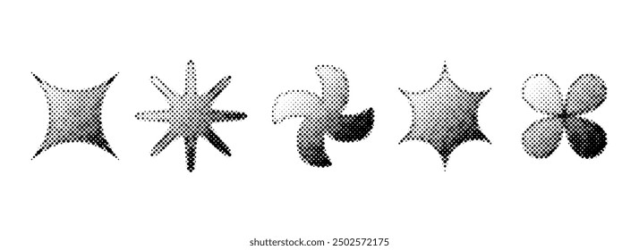 Halftone grain stars set. Dotted grunge geometric shape collection. Y2K bitmap gradient elements bundle. Pixel comic burst and sparkle elements for graphic design, poster, banner, flyer. Vector pack