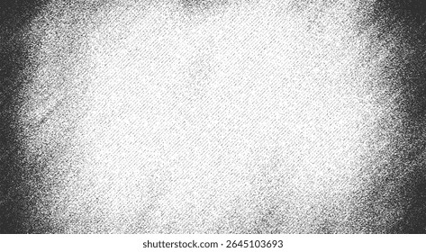Vetor de textura de grão de meio-tom com vinheta, linhas pontilhadas diagonais, ruído monocromático, distorção de digitalização, erosão e efeito de fade xerox bruto