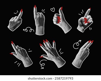 Halftone grainy arm gestures with red nails manicure retro noise photocopy effect. Vintage stipple dots texture pointing hands with line art. Vector illustrations set of Y2K bitmap human body part