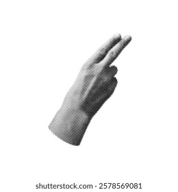 Halftone grainy hand two fingers pointing retro noise photocopy effect. Diagonally direction arm gesture grunge Pop art. Vintage stipple black dots texture. Y2K pixelated human palm vector design