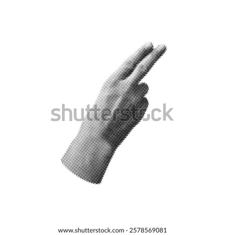 Halftone grainy hand two fingers pointing retro noise photocopy effect. Diagonally direction arm gesture grunge Pop art. Vintage stipple black dots texture. Y2K pixelated human palm vector design