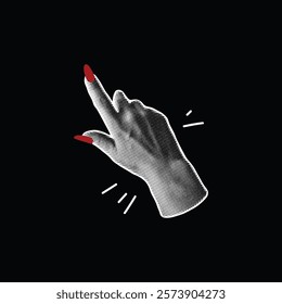 Halftone grainy pointing hand with red nails manicure retro photocopy effect. Vintage stipple black dots texture. Arm forefinger gesture grunge pop art. Vector illustration of Y2K human body part