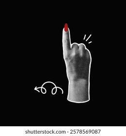 Halftone grainy pointing up hand with red nails manicure. Vector illustration retro photocopy effect. Arm forefinger gesture with line art. Vintage Y2K stipple black dots texture of human body part