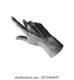 Halftone grainy pointing hand retro noise photocopy effect. Diagonally arm forefinger gesture grunge Pop art. Vintage black dots pixelated texture. Y2K human body part sticker vector design