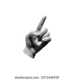 Halftone grainy pointing up hand retro noise photocopy effect. Diagonally direction arm forefinger gesture grunge Pop art. Vintage stipple black dots texture. Y2K pixelated human palm vector design