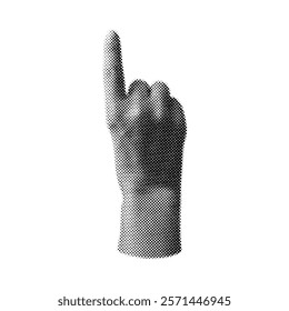 Halftone grainy pointing up hand retro noise photocopy effect. Arm forefinger gesture grunge Pop art. Vintage stipple black dots texture. Y2K pixelated human body part sticker vector design