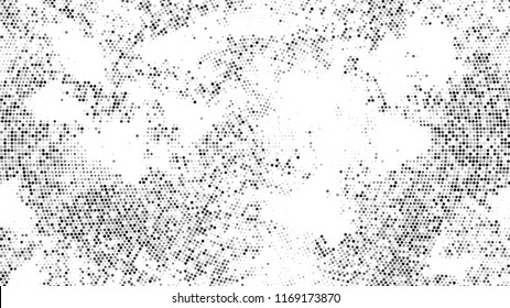 Halftone Grainy Texture with Grunge Dots and Spots. Distressed Grungy Pattern Design. Dirty Weathered Style Texture. Black and White Broken, Spotted Print Design Pattern.