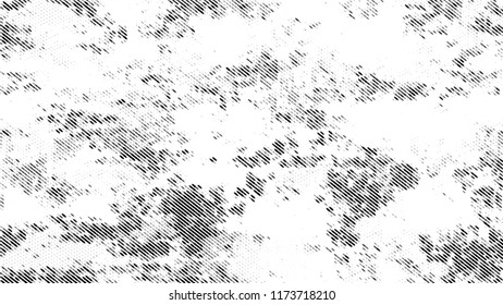 Halftone Grainy Texture with Grunge Dots and Spots. Retro Spotted Pattern. Dirty Weathered Style Texture. Black and White Noise Fashion Print Design Background.