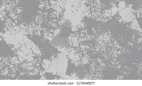 Halftone Grainy Texture with Grunge Dots and Spots. Distressed Grungy Pattern Design. Scatter Style Texture. White and Gray Monochrome Print Design Background.