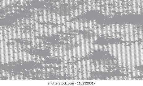 Halftone Grainy Texture with Grunge Dots and Spots. Cartoon Cracked Noisy Surface Pattern Design. Polka Dots Style Texture. White and Gray Monochrome Print Design Pattern.