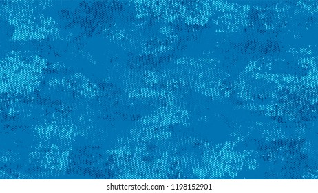 Halftone Grainy Texture with Grunge Dots and Spots. Retro Spotted Pattern. Scatter Style Texture. Blue Monochrome Print Design Pattern.