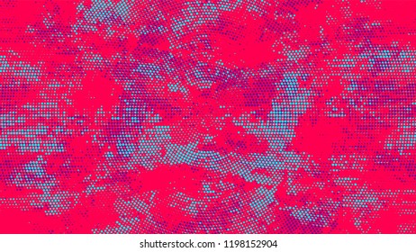 Halftone Grainy Texture with Grunge Dots and Spots. Cartoon Cracked Noisy Surface Pattern Design. Splatter Style Texture. Turquoise and Red Broken, Spotted Print Design Pattern.
