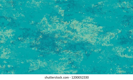 Halftone Grainy Texture with Grunge Dots and Spots. Cartoon Cracked Noisy Surface Pattern Design. Overlay Grainy Style Texture. Turquoise and Beige Monochrome Print Design Pattern.