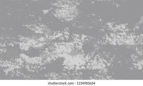 Halftone Grainy Texture with Grunge Dots and Spots. Distressed Grungy Pattern Design. Faded Dyed Style Texture. White and Gray Monochrome Print Design Pattern.