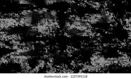 Halftone Grainy Texture with Grunge Dots and Spots. Cartoon Cracked Noisy Surface Pattern Design. Faded Dyed Style Texture. Black and White Monochrome Print Design Pattern.