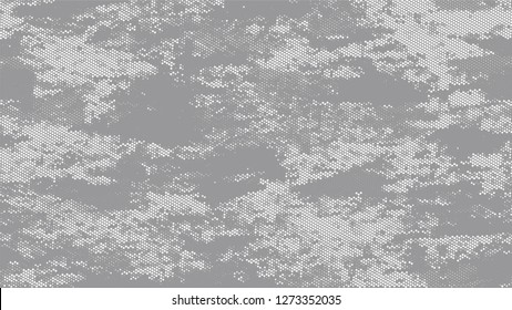 Halftone Grainy Texture with Grunge Dots and Spots. Cartoon Cracked Noisy Surface Pattern Design. Polka Dots Style Texture. White and Gray Broken, Spotted Print Design Pattern.