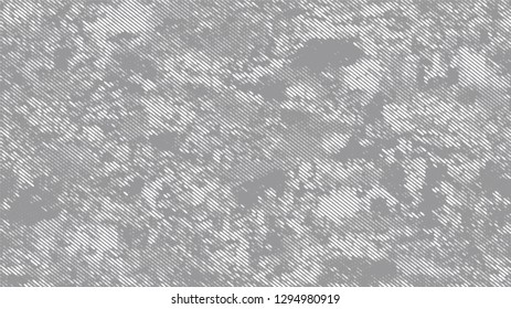 Halftone Grainy Texture with Grunge Dots and Spots. Vintage Dirty Dotted Pattern. Splatter Style Texture. White and Gray Noise Fashion Print Design Background.