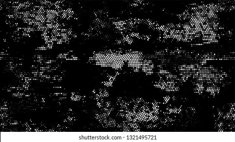 Halftone Grainy Texture with Grunge Dots and Spots. Cartoon Cracked Noisy Surface Pattern Design. Dirty Weathered Style Texture. Black and White Broken, Spotted Print Design Pattern.