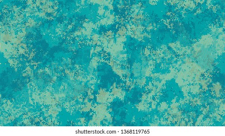 Halftone Grainy Texture with Grunge Dots and Spots. Vintage Dirty Dotted Pattern. Dirty Weathered Style Texture. Turquoise and Beige Noise Fashion Print Design Pattern.
