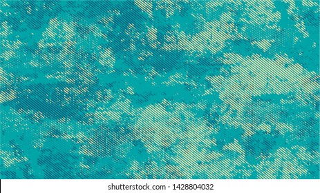 Halftone Grainy Texture with Grunge Dots and Spots. Rough Grungy Pattern Design. Polka Dots Style Texture. Turquoise and Beige Noise Fashion Print Design Background.