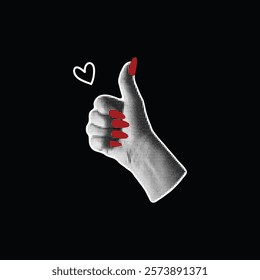 Halftone grainy thumb up hand gesture with red nails manicure noise retro photocopy effect. Approval emoji stipple black dots texture. Grunge pop art arm sign with heart. Y2K vector great feedback