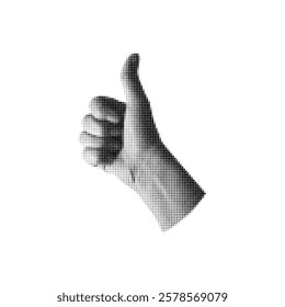 Halftone grainy thumb up hand gesture noise retro photocopy effect. Vintage approval emoji stipple black dots texture. Grunge appreciate arm sign. Great feedback, body language Y2K vector icon