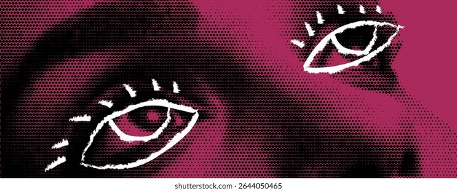 Halftone grange bg with woman eye crayon doodle lines. Fun and bold zine style. Popart collage bg