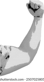 Halftone graphic of a raised, clenched fist symbolizing strength, power, and resilience. Retro, pop art, and protest concept illustration..vector illustration