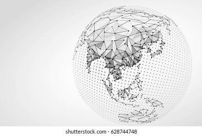 Halftone Gray Globe Earth Point Line Illustration. Asia India China Oceania Connection Dots Low Poly Map. Polygonal Triangle Planet Monochrome Vector Art.