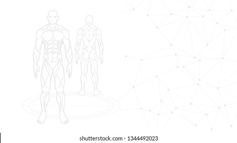 halftone gray white wallpaper background . contour shape human body anatomy neon hologram projected at black background , sci fi interface design element , vector illustration