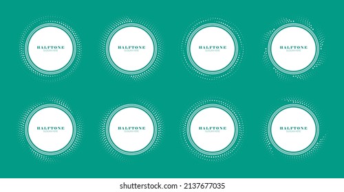 Halftone green dots in circle form. Set of Round logos. Halftone circle dotted frames. Geometric art. Design element for frame, logo, tattoo, web pages, prints, posters, template.