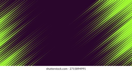 Patrón de puntos verdes semitono y fondo de textura grunge gradiente púrpura. Ilustración vectorial de estilo deportivo de cómic de línea punteada