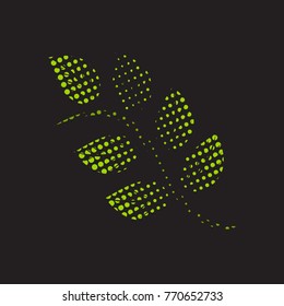 Halftone green leaf illustration on a black background