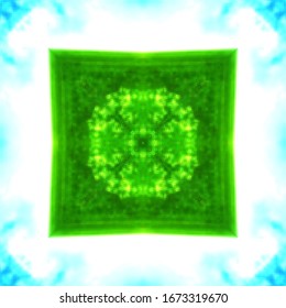 Halftone green ornament, summer pattern. Drawing vintage style. Grunge texture. Festive greeting card. Abstract art background. Modern symmetric pattern. Festive art backdrop. Creative vector element.