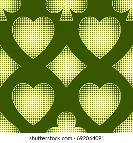 Halftone green pattern of symbols of playing cards. Seamless pattern.