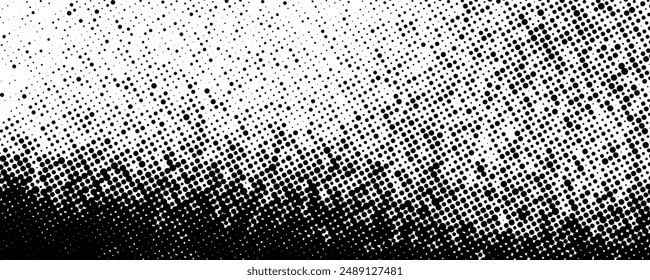 Halftone gritty noise texture. Grunge grid pixel gradient background. Black dotted sand noise wallpaper. Retro pixelated comic backdrop. Dirty grain spots, stains, dots textured overlay. Vector