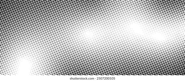 Fondo de grunge semitono con gradiente . Textura de punto desvanecida. Patrón geométrico retro negro en manga, estilo anime. Graduación punteada en estilo pop art. Ilustración vectorial.