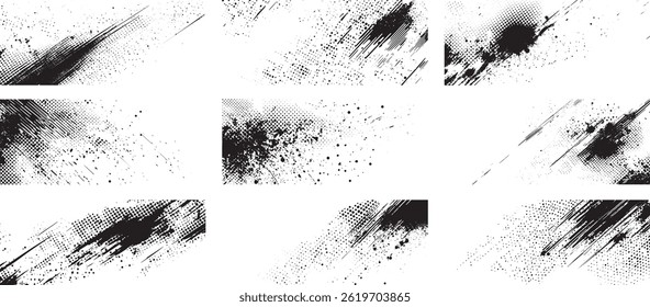 Halftone Grunge Brush Texture Set, Ink Splatter Comic Style Overlay Backgrounds