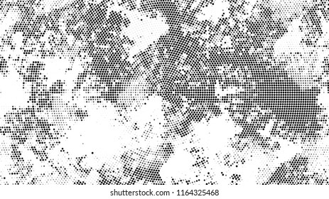 Halftone Grunge Dotted Rough Stripes Texture. Cartoon Cracked Noisy Surface Pattern Design. Splatter Style Texture. Black and White Monochrome Print Design Pattern.