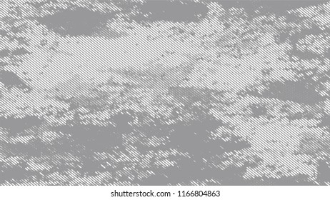 Halftone Grunge Dotted Rough Stripes Texture. Distressed Grungy Pattern Design. Overlay Grainy Style Texture. White and Gray Monochrome Print Design Pattern.
