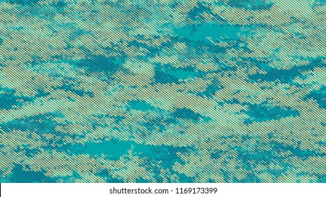 Halftone Grunge Dotted Rough Stripes Texture. Cartoon Vintage Pattern. Splatter Style Texture. Turquoise and Beige Monochrome Print Design Pattern.