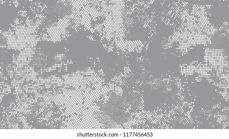 Halftone Grunge Dotted Rough Stripes Texture. Rough Grungy Pattern Design. Splatter Style Texture. White and Gray Broken, Spotted Print Design Background.