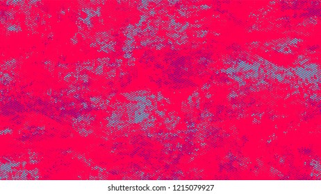 Halftone Grunge Dotted Rough Stripes Texture. Distressed Grungy Pattern Design. Splatter Style Texture. Turquoise and Red Monochrome Print Design Pattern.