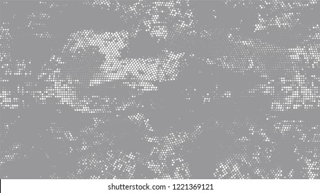 Halftone Grunge Dotted Rough Stripes Texture. Retro Spotted Pattern. Splatter Style Texture. White and Gray Monochrome Print Design Pattern.