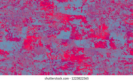 Halftone Grunge Dotted Rough Stripes Texture. Cartoon Cracked Noisy Surface Pattern Design. Scatter Style Texture. Turquoise and Red Noise Fashion Print Design Background.