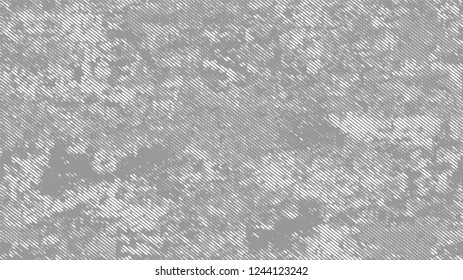 Halftone Grunge Dotted Rough Stripes Texture. Cartoon Cracked Noisy Surface Pattern Design. Dirty Weathered Style Texture. White and Gray Monochrome Print Design Background.
