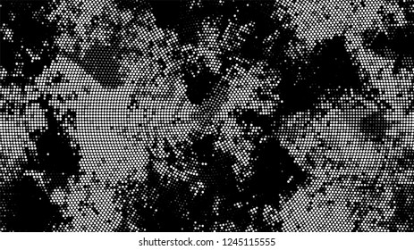 Halftone Grunge Dotted Rough Stripes Texture. Cartoon Vintage Pattern. Splatter Style Texture. Black and White Noise Fashion Print Design Background.