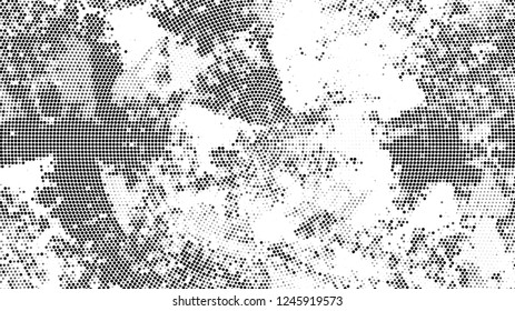 Halftone Grunge Dotted Rough Stripes Texture. Cartoon Cracked Noisy Surface Pattern Design. Scatter Style Texture. Black and White Noise Fashion Print Design Pattern.